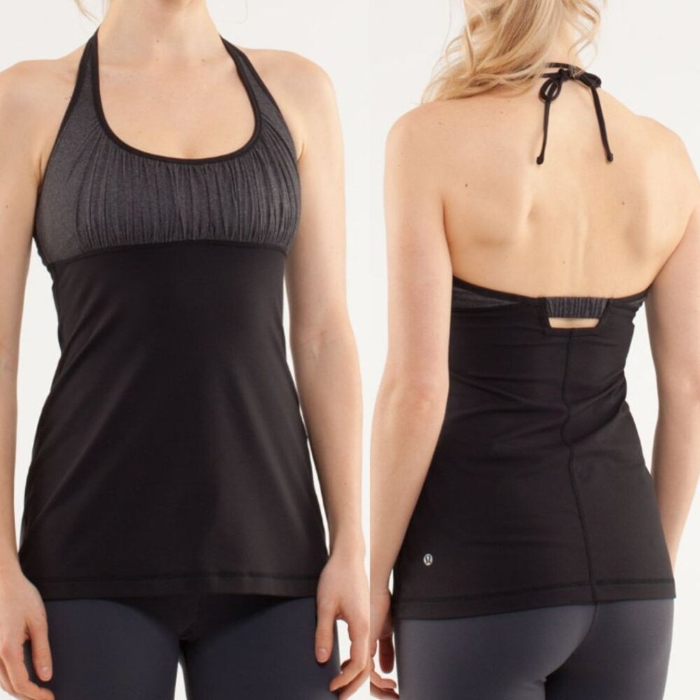 Lululemon Namaste Halter Tank Top Size 6 Ruched Black Gray Color Block